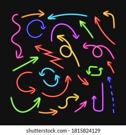 Vector Set of Colorful Neon Arrows Isolated on Black Background, Different Colors, Directional Signs.