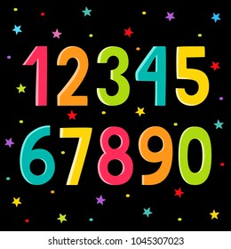Vector set of colorful numbers for children in cartoon style. Set of numbers from zero to nine isolated on black background. Cute poster with numbers and stars used for magazine, book, poster, card.
