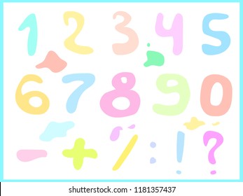 Vector set of colorful numbers and signs for children's creativity and design. Mathematical symbols and numbers in pastel colors on white background