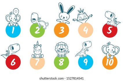 Vector set colorful numbers with sweet animals. Isolated on white background