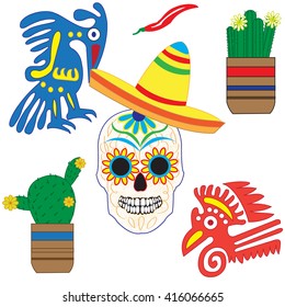 Vector set of colorful objects, cartoons and icons of Mexico. Illustration with symbols of Mexico