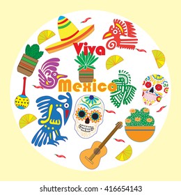 Vector set of colorful objects, cartoons and icons of Mexico. Illustration with symbols of Mexico