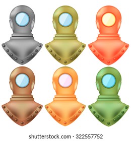Vector Set of Colorful Old Metal Diving Helmets Isolated on White Background