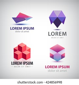 Vector set of colorful origami logos. Blocks logo construction, flying paper logo, geometric abstract logos isolated