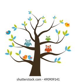 Vector set of colorful owls and birds at the tree on a white background