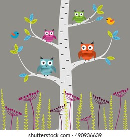 Vector set of colorful owls and birds on the tree on a gray background