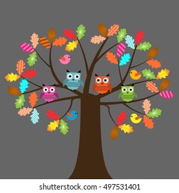 Vector set of colorful owls and birds sitting on the oak tree on a gray background
