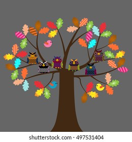 Vector set of colorful owls and birds sitting on the oak tree on a gray background