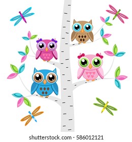 Vector set of a colorful owls and dragonflies at the tree