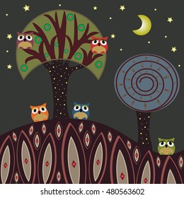 Vector set of a colorful owls in the night forest