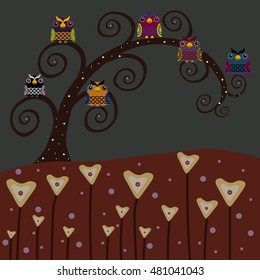 Vector set of a colorful owls in the night forest
