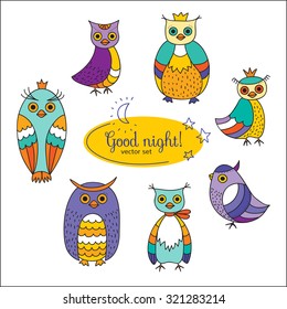 Vector set with colorful owls on a white background.
