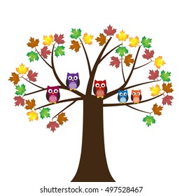 Vector set of colorful owls sitting on the maple tree and birds on a white background