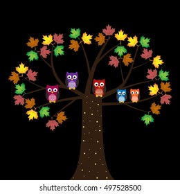 Vector set of colorful owls sitting on the maple tree on a black background