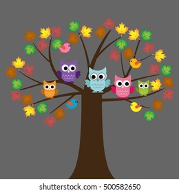 Vector set of colorful owls sitting on the maple tree and birds on a gray background