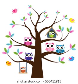 Vector set of a colorful owls at the tree