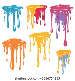 Vector set of colorful paint drops with flowing down drops in cartoon style isolated from background. Color collection of dye stains for icons