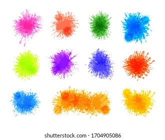 Vector set of colorful paint splatters isolated on black background, design elements collection, splashes, brush templates.