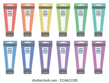 Vector set of colorful pallette of tubes of paint in flat style. Collection of painting supplies. Art tool illustration.