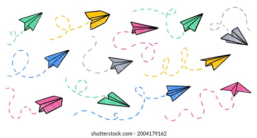 Vector set of colorful paper airplanes. Hand-drawn, doodle elements isolated on white background.