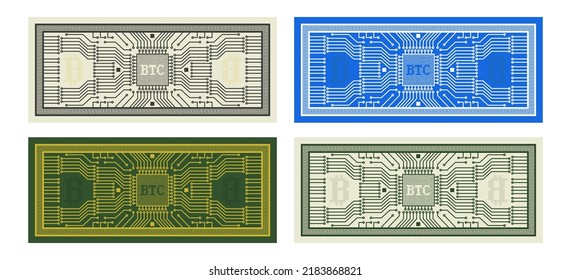 Vector set of colorful paper bitcoin banknotes. Microdigits and a schematic computer microchip board. Electronic crypto currency BTC