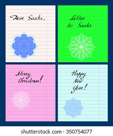 Vector set of colorful paper sheets with new year lettering and lacy snowflakes.