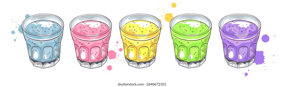 Vector set of colorful party shot glasses. Fun and vibrant, ideal for celebration and bar-themed designs