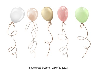 Vector set of colorful pastel balloons with glitter confetti and ribbons for birthday celebration. Party, anniversary, wedding decoration element. Isolated background. Illustration.