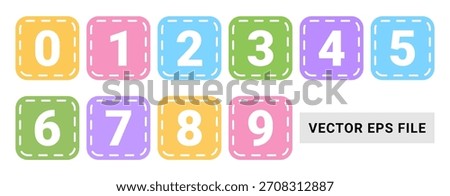 vector set of colorful pastel number digit icons from zero to nine inside rounded squares with a decorative dashed stitch border for educational graphic design projects 