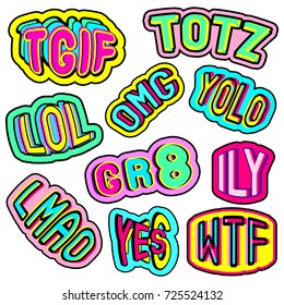 Vector con parches coloridos, etiquetas, insignias, pines con las palabras "totz", "tgif", "yolo", "lol", "omg", "gr8", "wtf", "lmao". Abreviaturas del argot adolescente. Quirky estilo cómico de los 80 - 90.