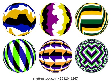 Vector set of colorful patterned balls for design. Flat spheres with optical illusion as if they are moving.