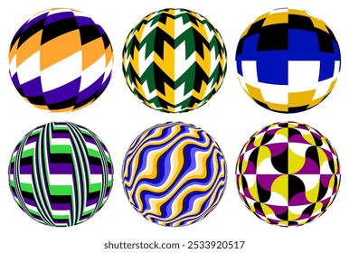 Vector set of colorful patterned balls for design. Flat spheres with optical illusion as if they are moving.