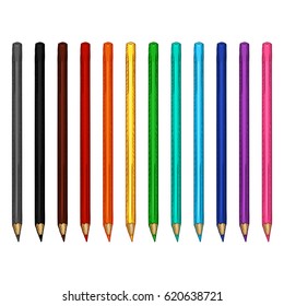 Vector Set of Colorful Pencils. Pink, Purple, Blue, Turquoise, Green, Yellow, Orange, Red, Brown, Black, Gray.