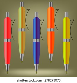 Vector Set of Colorful Pens Isolated on Brown Background