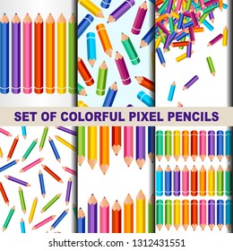 Vector set of colorful pixel pencils. Pixel art seamless pattern. 8 bit. Set for cards, posters, banners, wrapping paper. 