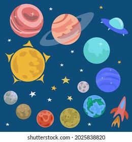 Vector set of colorful planets in Solar System, Moon, Sun, flying saucer, rocket and stars isolated on blue background. The planets are arranged in ascending order. Jupiter, Saturn, Uranus, Neptune.