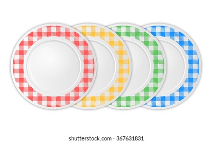 Vector set of colorful plates with gingham pattern