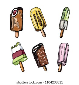 Vector set of colorful popsicle ice creams with different flavor isolated.