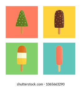 Vector set of colorful popsicles. Colored ice-cream on blue, green, yellow, pink background. Bright and cheerful illustration of cold summer dessert in colorful blocks