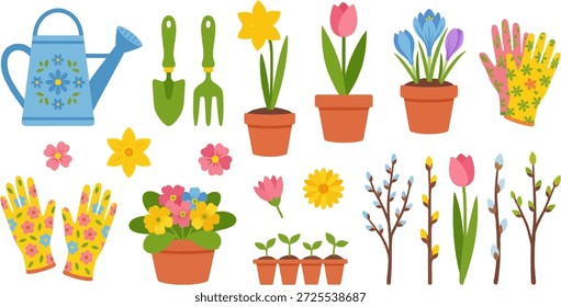 Conjunto de Vector de coloridas flores de primavera en macetas que incluyen tulipanes, narcisos, jacintos y ramas en ciernes, presentado en varias macetas y macetas, perfecto para diseños de jardinería estacional e ilustraciones botánicas