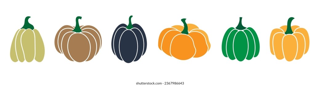 Vector set of colorful pumpkins. Autumn season vegetables. 