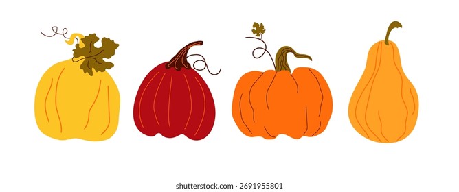 Vector set colorful  pumpkins   in flat style .Isolated  vector on white background.