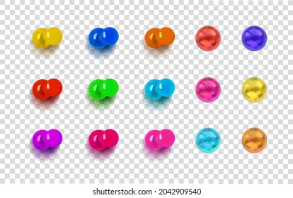 Vector Set of Colorful Push Pins Isolated on Light Transparent Background, Pin Buttons with Shadows, Different Bright Colors.