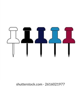Vector set of colorful push pins. Office stationery icons in multiple colors, ideal for planners, reminders, or UI elements