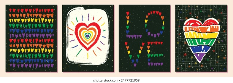 Vector set with colorful rainbow hearts in the LGBT pride flag colors, cute cards with hand drawn doodle heart shapes