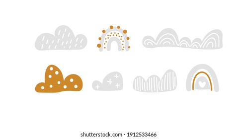 Vector set colorful rainbows with clouds. Pastel colors. Cute baby illustration. Kids background. Hand drawn Childish scandinavian print for kids, baby, nursery decor.