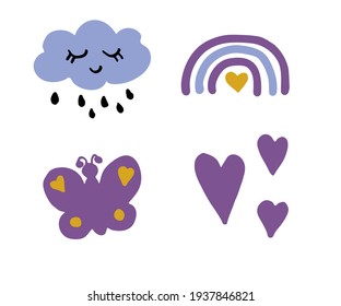 Vector set colorful rainbows with clouds. Pastel colors. Cute baby illustration. Kids background. Hand drawn Childish Scandinavian print for kids, baby, nursery décor.