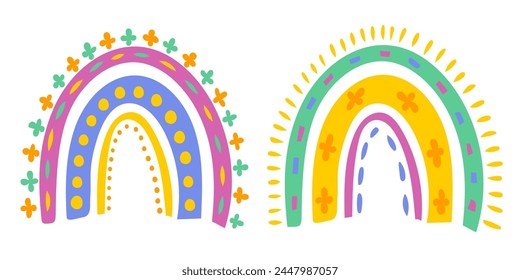 Conjunto de Vector colorido arco iris en estilo doodle. Vector arcoíris al estilo mexicano.