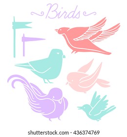 Vector. Set of colorful random birds isolated on white background.