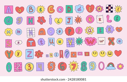 Vector set of colorful ransom note letters. Hand drawn doodle alphabet in 90s style. Cute font for collage, scrapbook design. Y2k funky stickers